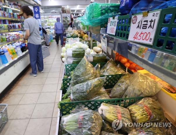가격 폭등한 시금치집중호우로 인해 농산물 생산에 지장이 가며 시금치와 상추, 오이 등의 농산물 가격이 크게 오른 18일 오후 서울 서대문구 영천시장에서 시민들이 채소를 고르고 있다.한국농수산식품유통공사 농산물유통정보에 따르면 시금치 가격은 4kg에 5만4천780원으로 한 달 전인 1만7천170원에 비해 219% 상승했다. 적상추 4kg 도매가격은 한달 전에 비해 194.9% 오른 5만7천40원, 오이 100개 도매가격은 한 달 전에 비해 53.4% 오른 6만2천325원으로 집계됐다. 2023.7.18 (사진=연합뉴스)
